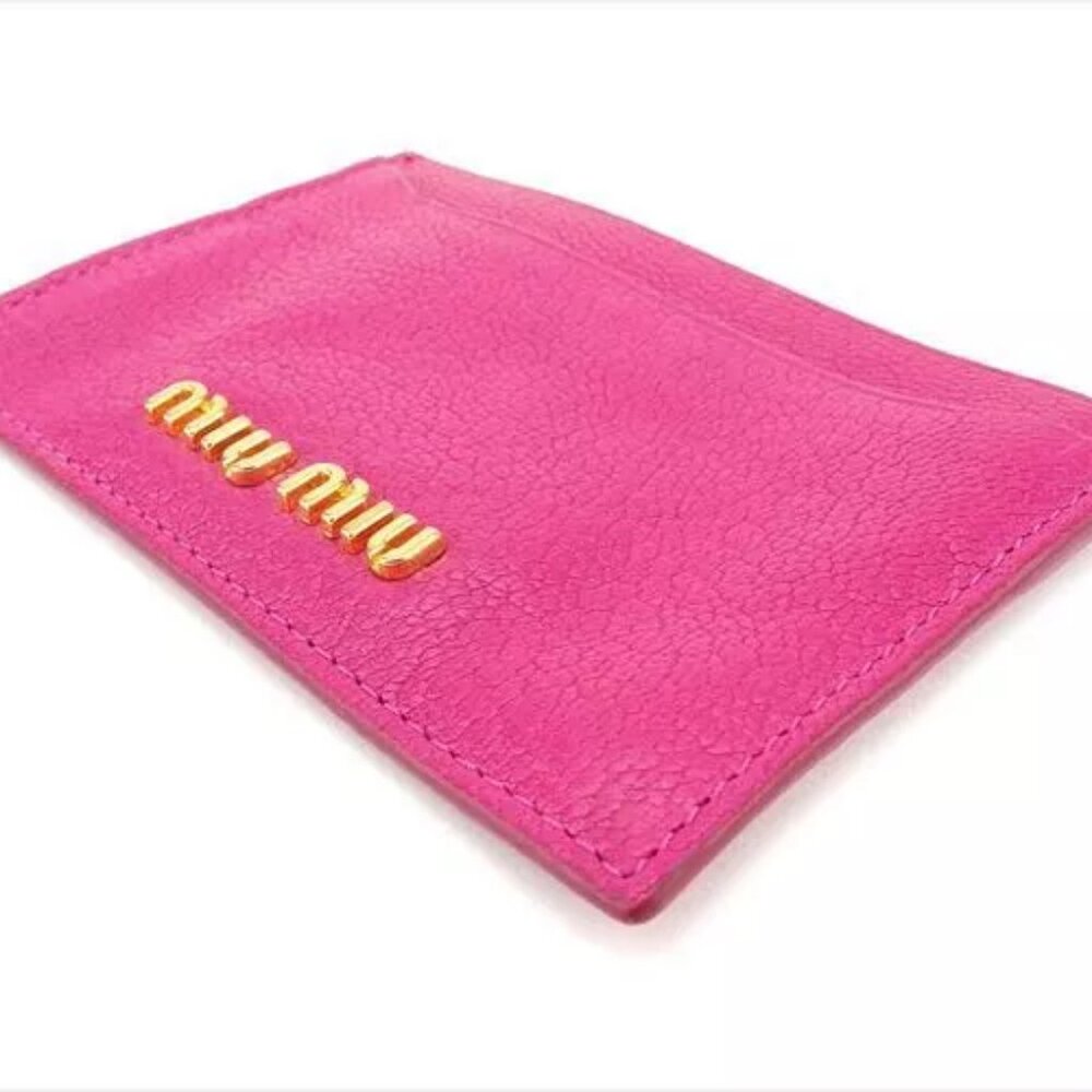 Miu Miu Card Case Logo Pink Gold leather Woman Authentic Used D1954 - Picture 3 of 7